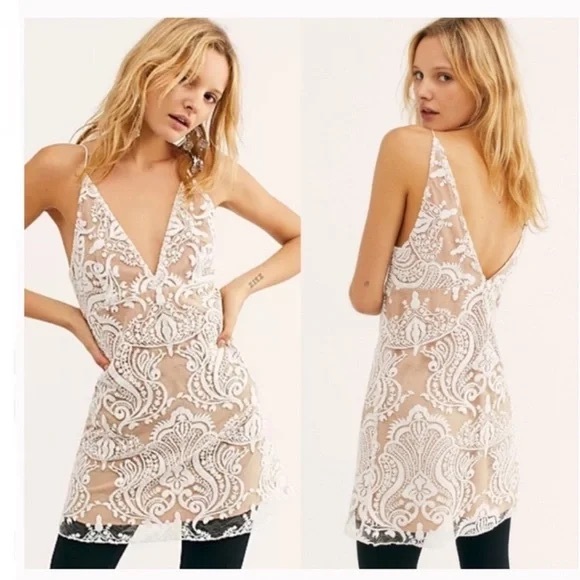 New Free People Night Shimmer Mini Dress in Ivory Sz6 MSRP:$108 - Picture 2 of 6